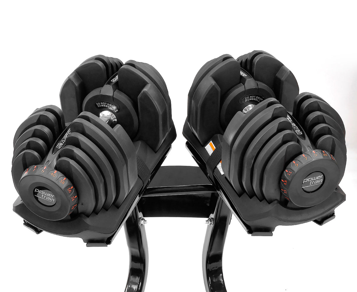Adjustable Dumbbells with Stand | Weight: 2x 40kg | Powertrain Brand