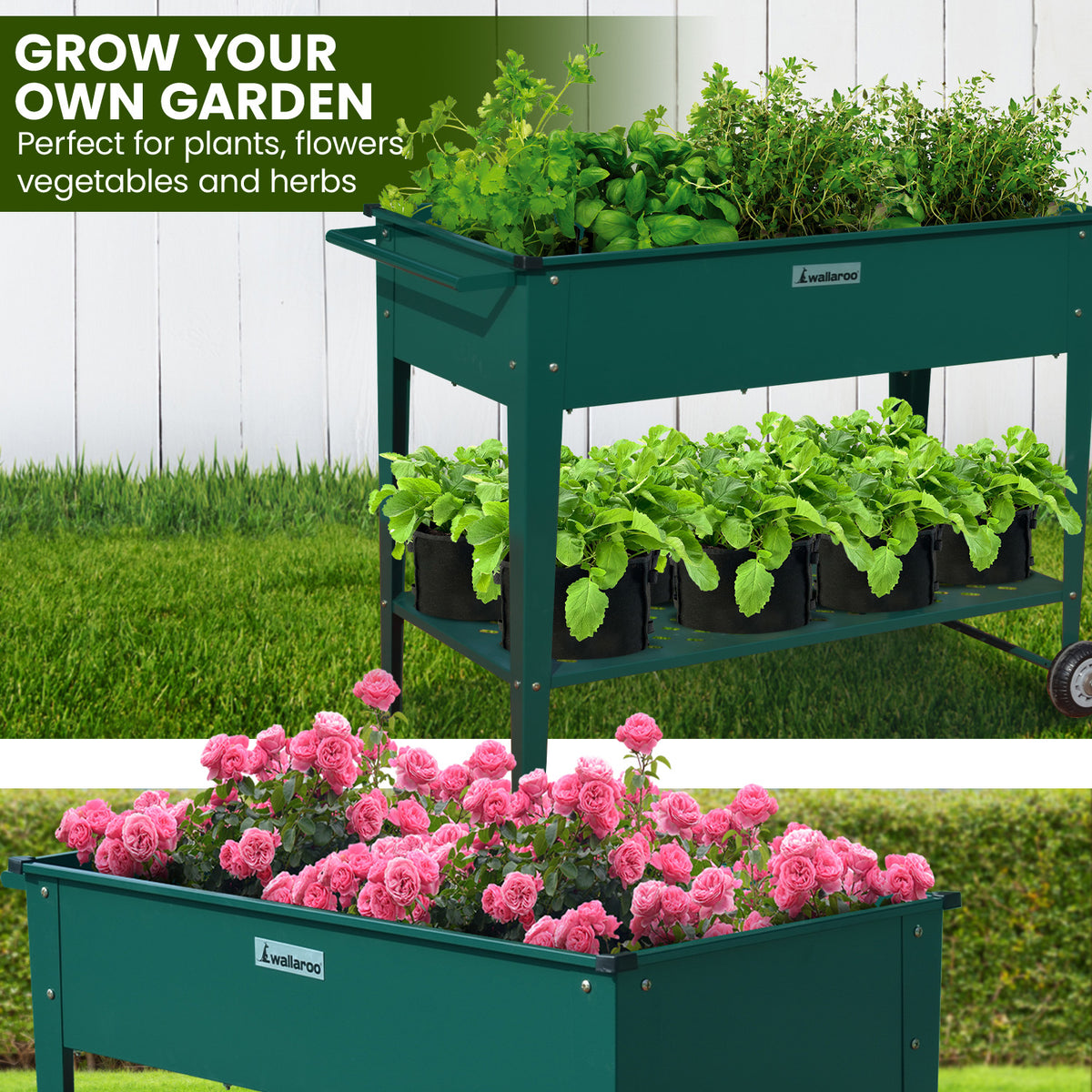 Wallaroo Garden Bed Cart | Raised Planter Box | Dimensions: 108.5 x 50.5 x 80cm | Made of Galvanized Steel | Color: Green