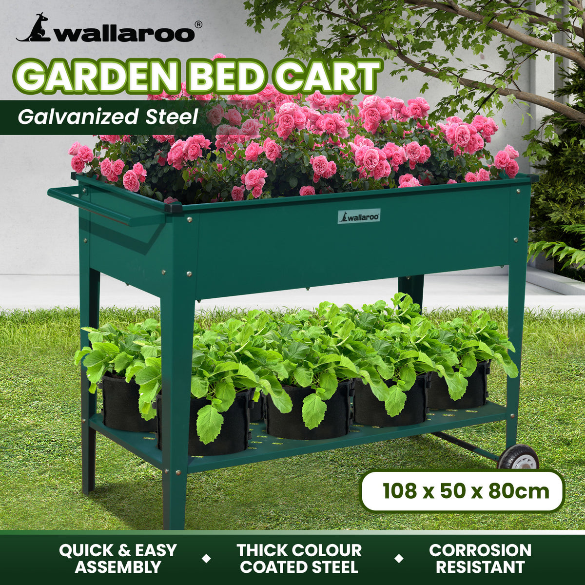 Wallaroo Garden Bed Cart | Raised Planter Box | Dimensions: 108.5 x 50.5 x 80cm | Made of Galvanized Steel | Color: Green