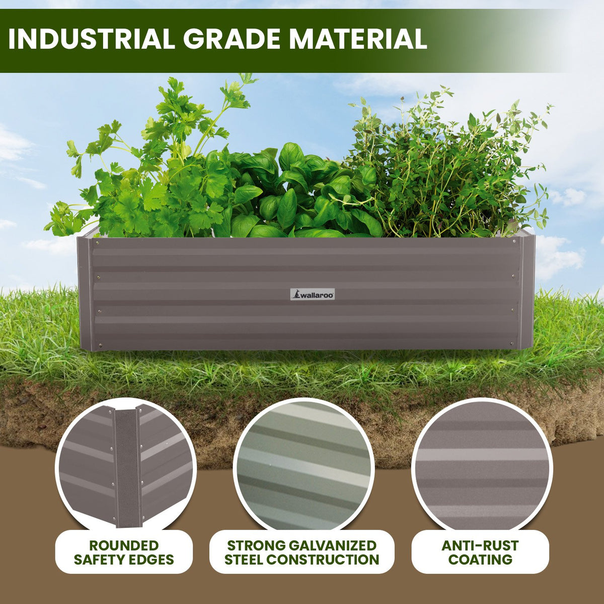 Wallaroo Garden Bed | Dimensions: 120 x 60 x 30cm | Made of Galvanized Steel | Color: Grey
