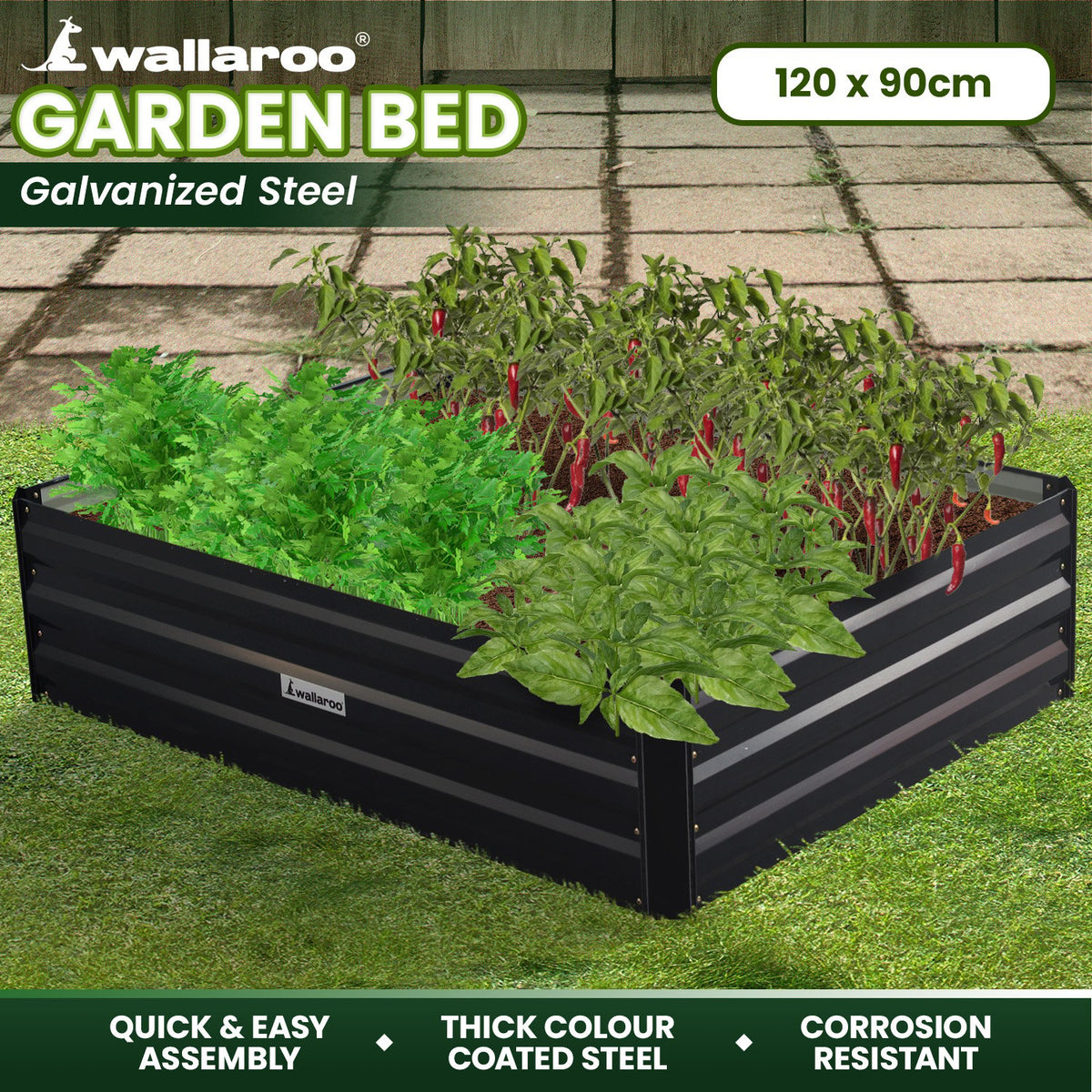Wallaroo Garden Bed | Dimensions: 120 x 90 x 30cm | Made of Galvanized Steel | Color: Black