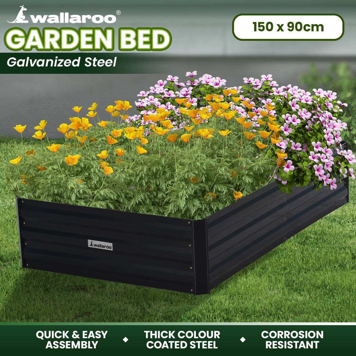Wallaroo Garden Bed | 150 x 90 x 30cm | Galvanized Steel | Black