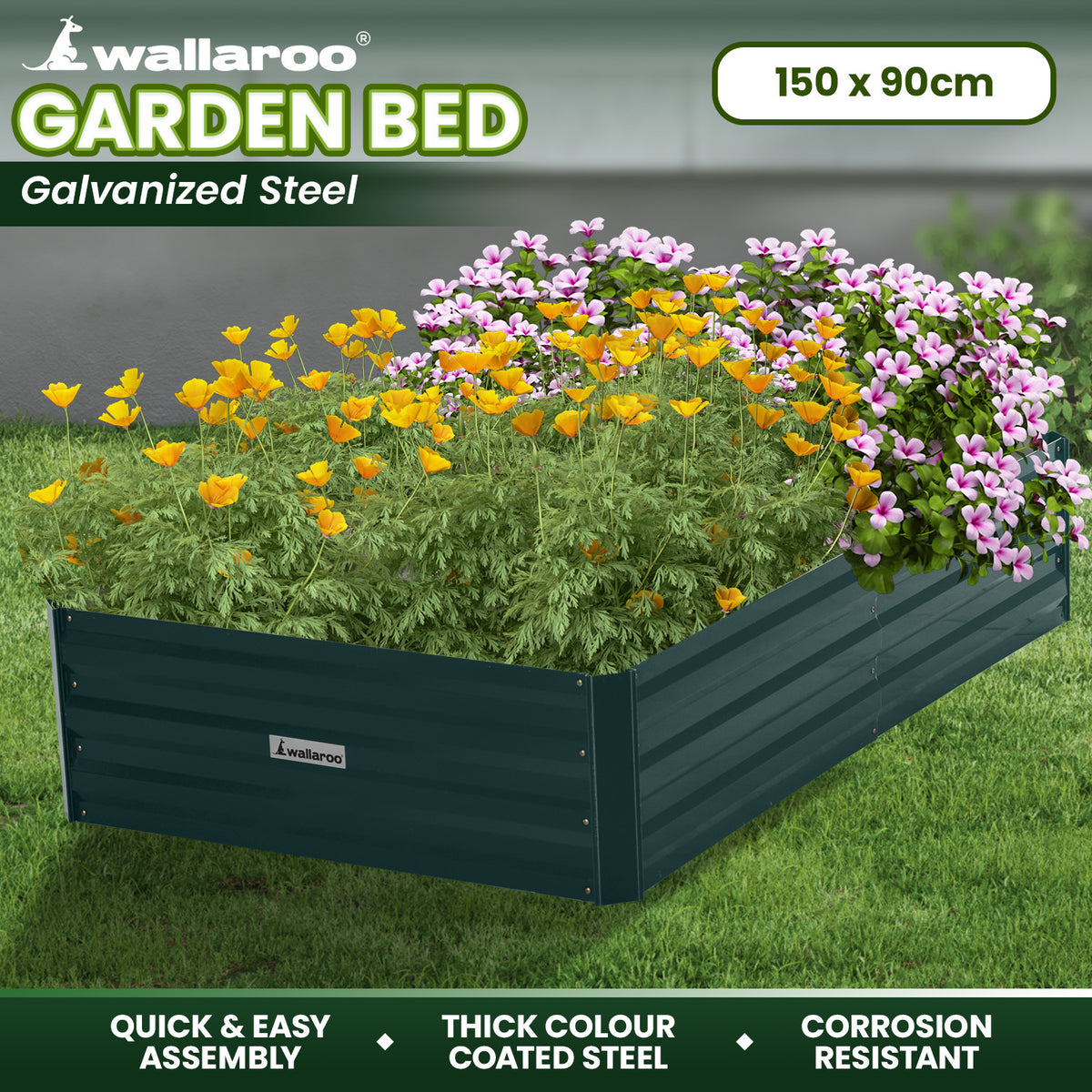 Wallaroo Garden Bed | 150 x 90 x 30cm | Galvanized Steel | Green