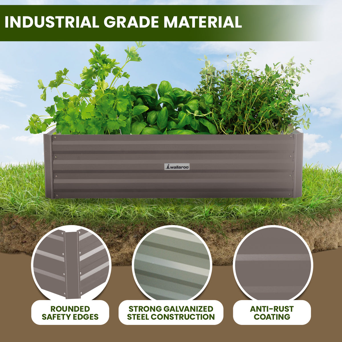Wallaroo Garden Bed | 210 x 90 x 30cm | Galvanized Steel | Grey