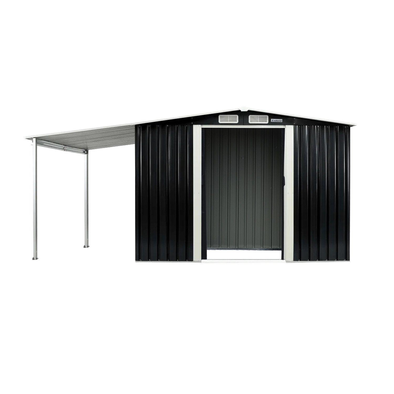10x8ft Zinc Steel Garden Shed with Open Storage | Color: Black | Brand: Wallaroo