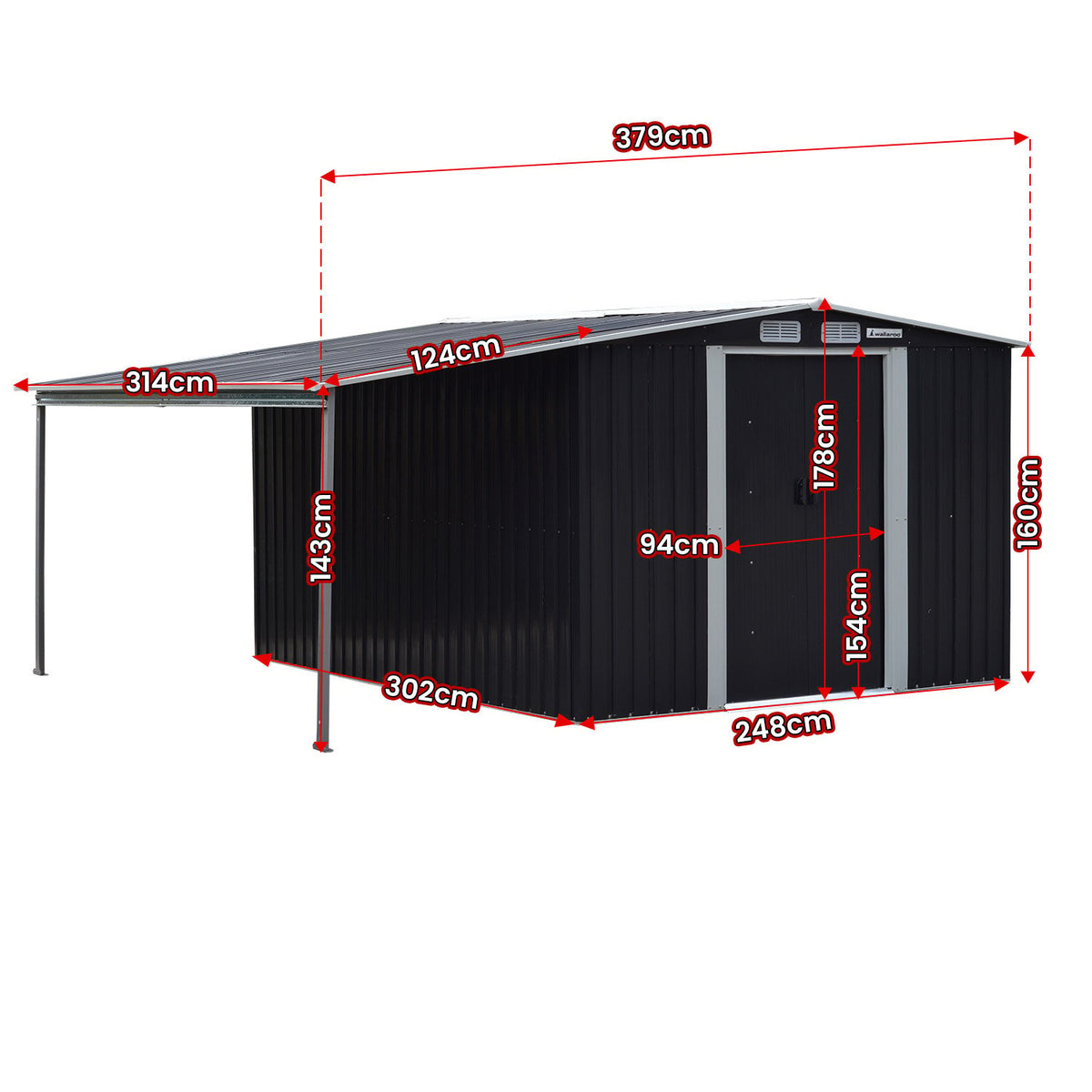 10x8ft Zinc Steel Garden Shed with Open Storage | Color: Black | Brand: Wallaroo