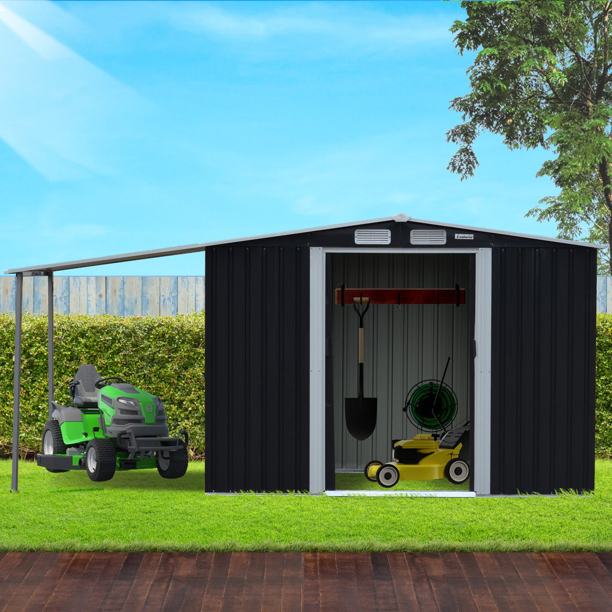 10x8ft Zinc Steel Garden Shed with Open Storage | Color: Black | Brand: Wallaroo