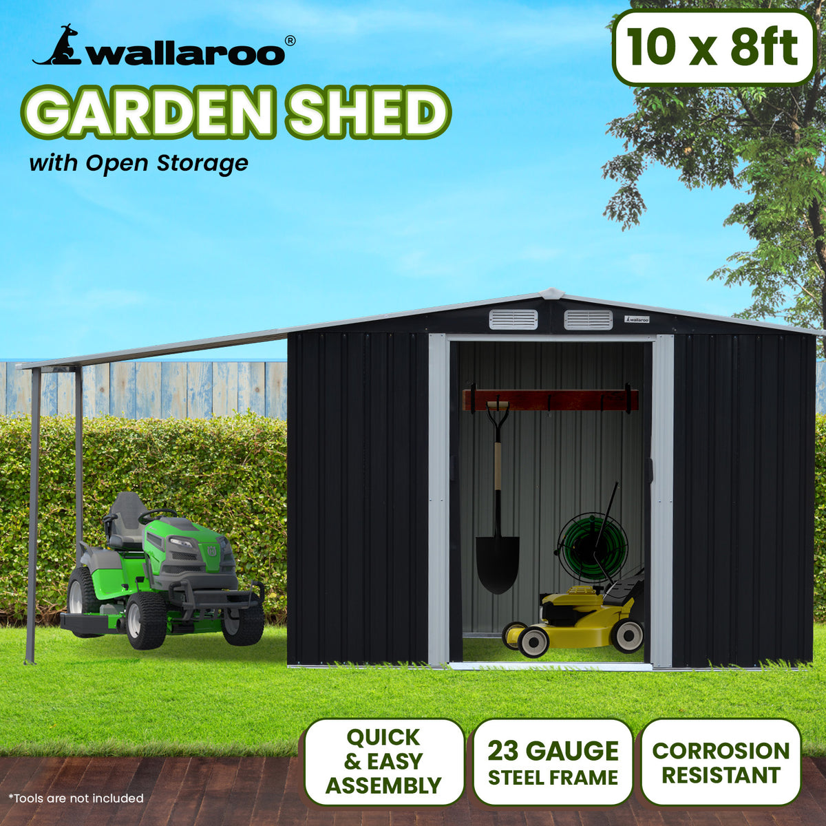 10x8ft Zinc Steel Garden Shed with Open Storage | Color: Black | Brand: Wallaroo