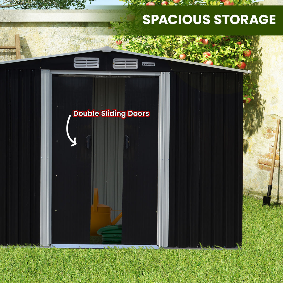 6x8ft Zinc Steel Garden Shed with Open Storage | Black