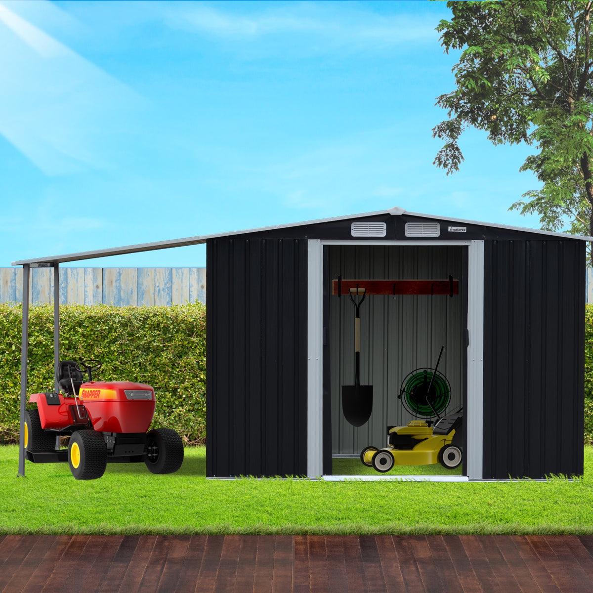 6x8ft Zinc Steel Garden Shed with Open Storage | Black
