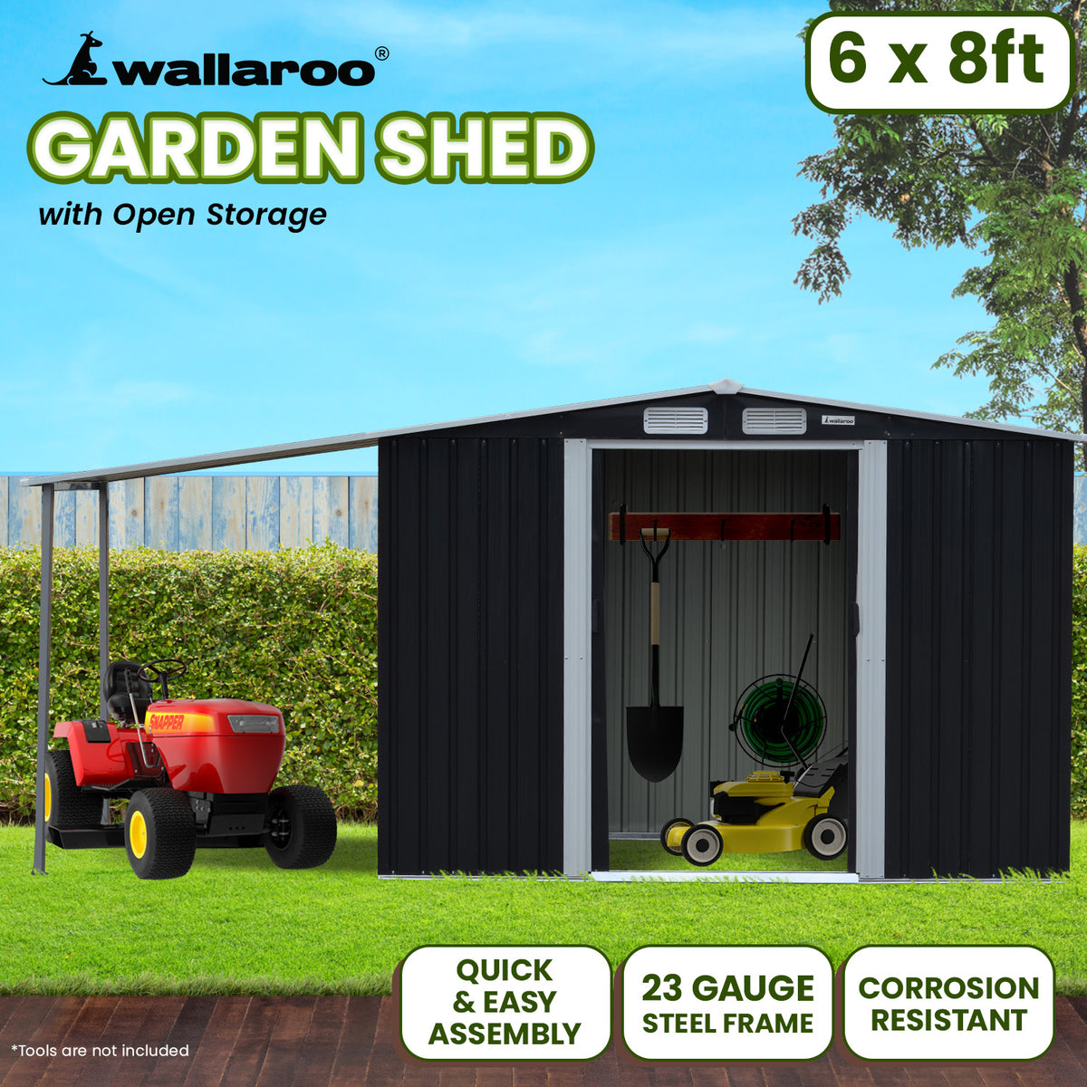 6x8ft Zinc Steel Garden Shed with Open Storage | Black
