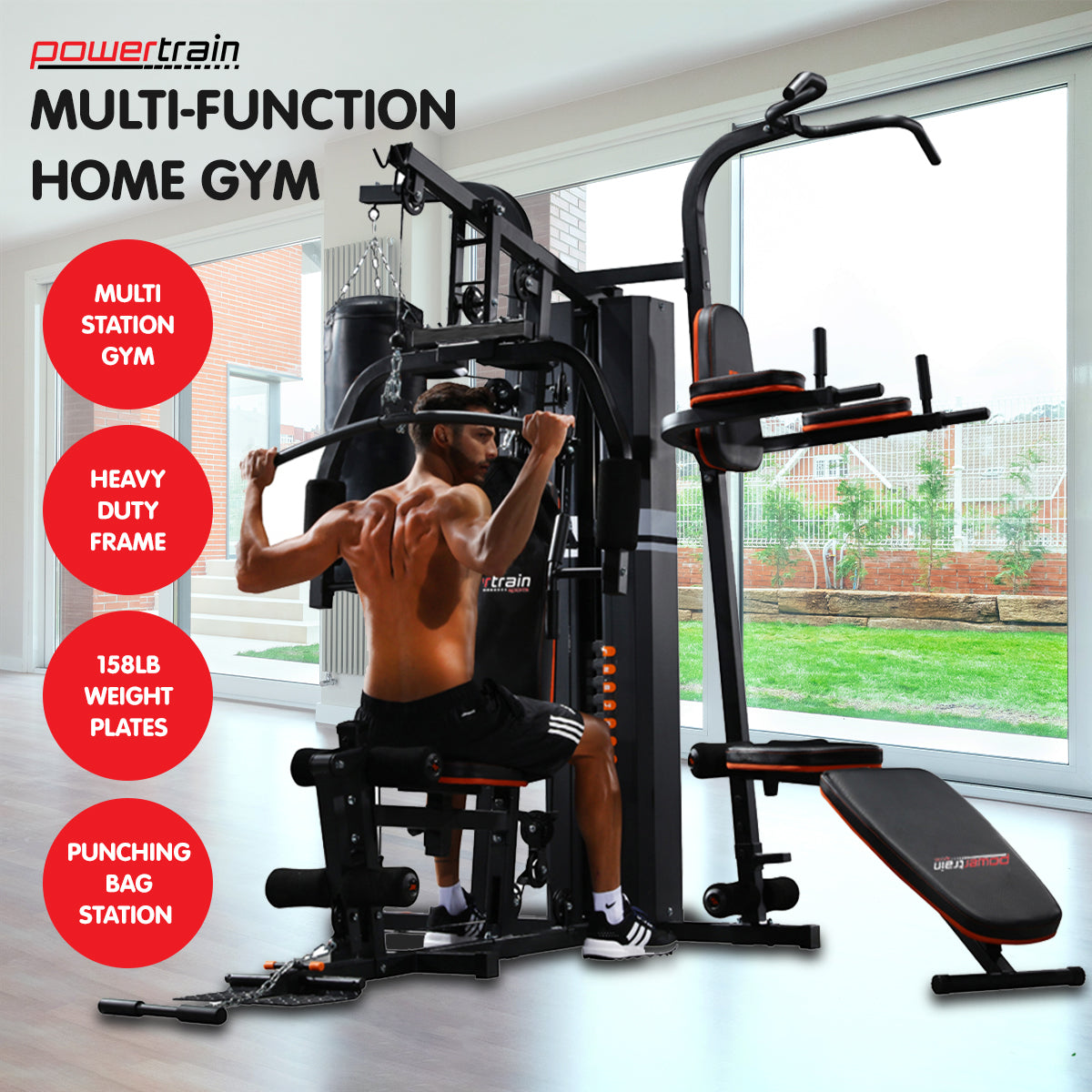 Powertrain Multi Station Home Gym | 158lb Weights Punching Bag