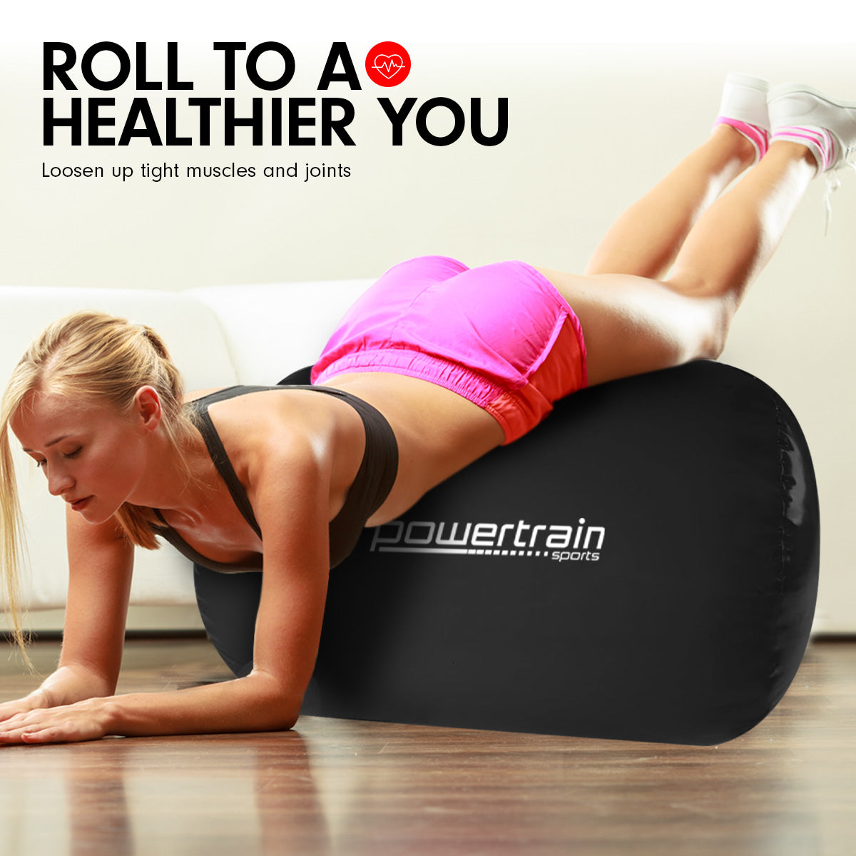 Sports Inflatable Gymnastics Air Barrel Exercise Roller - 120 x 75cm, Black by Powertrain