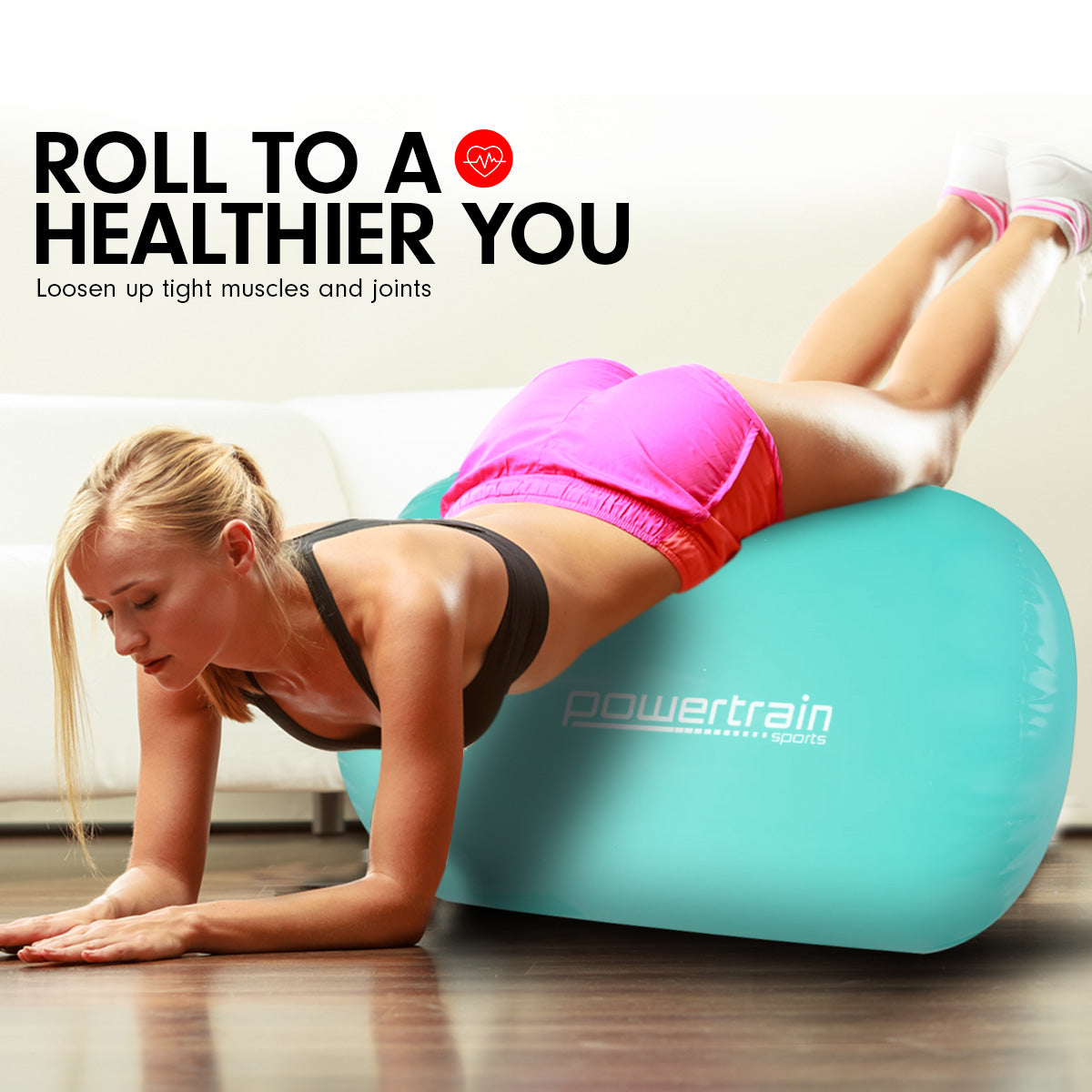 Powertrain Sports Inflatable Gymnastics Air Barrel | Exercise Roller | 120 x 75cm | Green