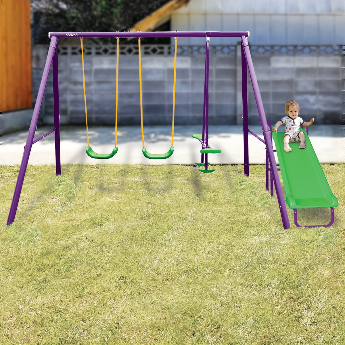 4-Seater Swing Set with Slide | Purple and Green Color Combination