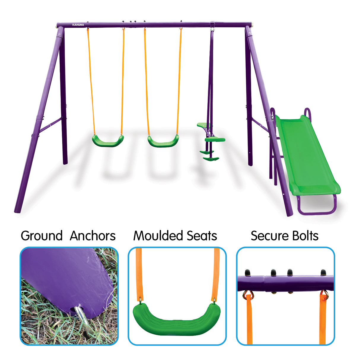 4-Seater Swing Set with Slide | Purple and Green Color Combination