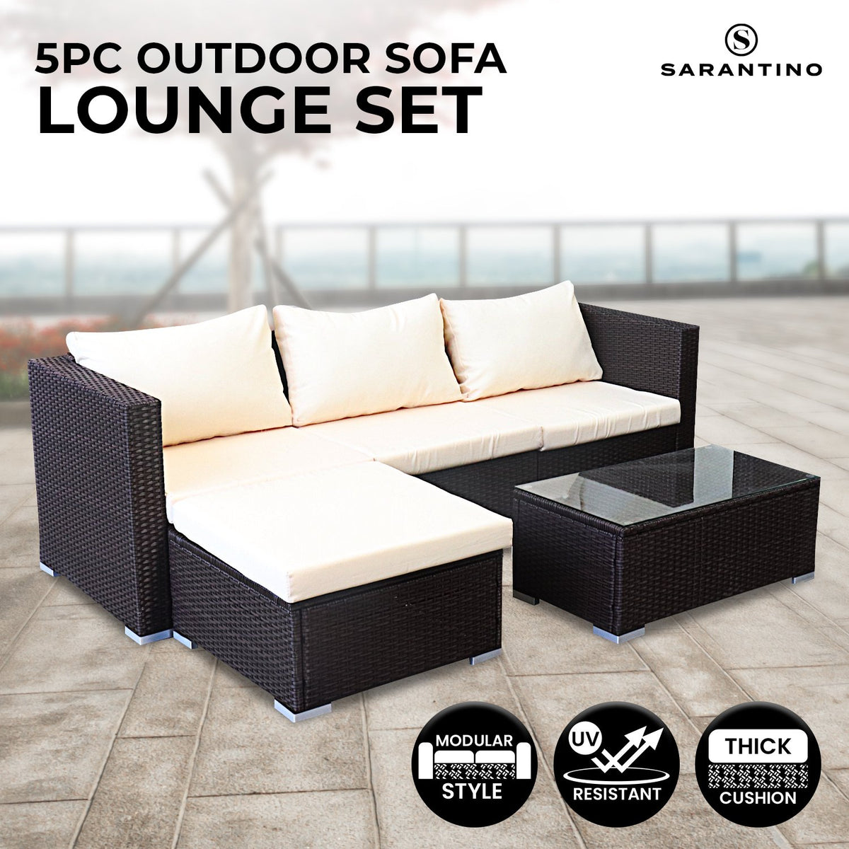Sarantino 5pc Modular Outdoor Lounge Set - PE Rattan in Brown