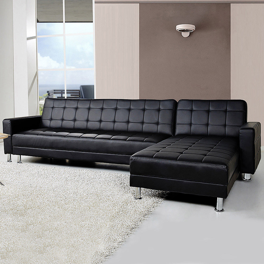 Sarantino Corner Leather Sofa Bed with Chaise - Black