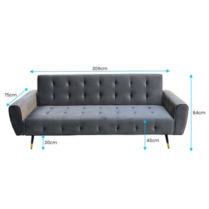 Dark Grey Ava 3-Seater Tufted Velvet Sofa Bed by Sarantino