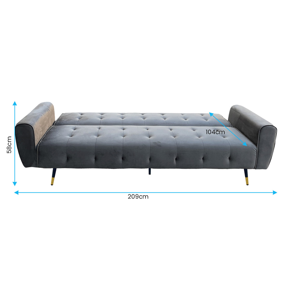 Dark Grey Ava 3-Seater Tufted Velvet Sofa Bed by Sarantino