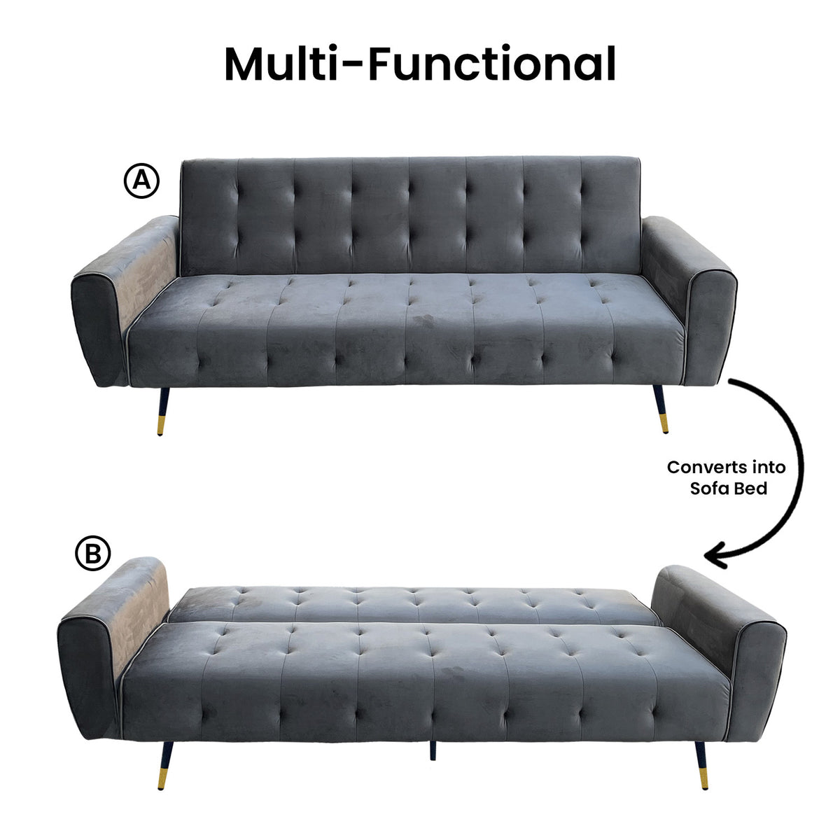 Dark Grey Ava 3-Seater Tufted Velvet Sofa Bed by Sarantino
