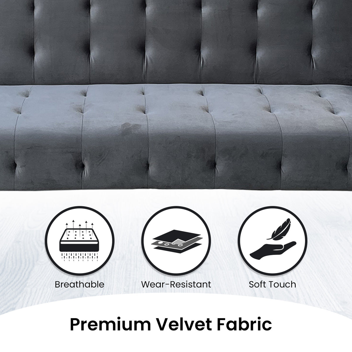 Dark Grey Ava 3-Seater Tufted Velvet Sofa Bed by Sarantino