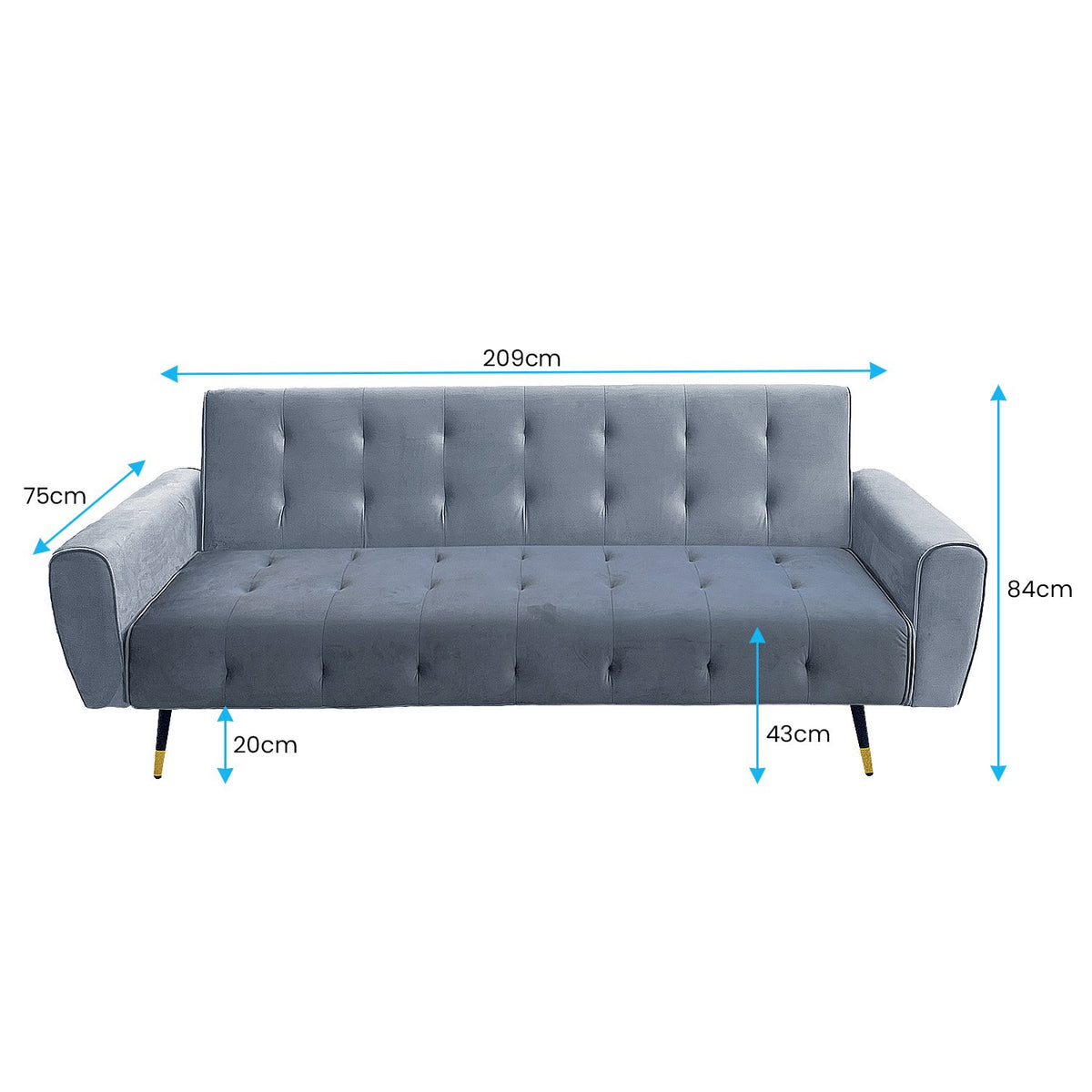 Light Grey Tufted 3-Seater Velvet Sofa Bed by Sarantino