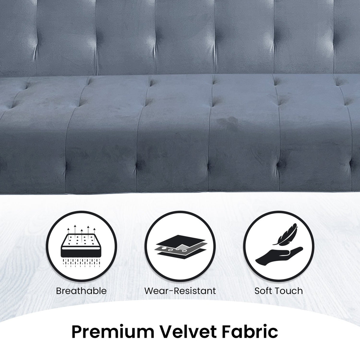 Light Grey Tufted 3-Seater Velvet Sofa Bed by Sarantino