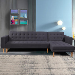 Dark Grey Linen Fabric Corner Sofa Bed Couch Lounge with Chaise by Sarantino