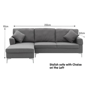 Dark Grey L-shaped Linen Corner Sofa Couch Lounge with Right Chaise Seat