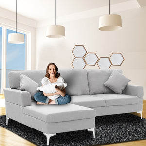Sarantino Linen Corner Sofa Couch | L-shape | Right Chaise | Light Grey