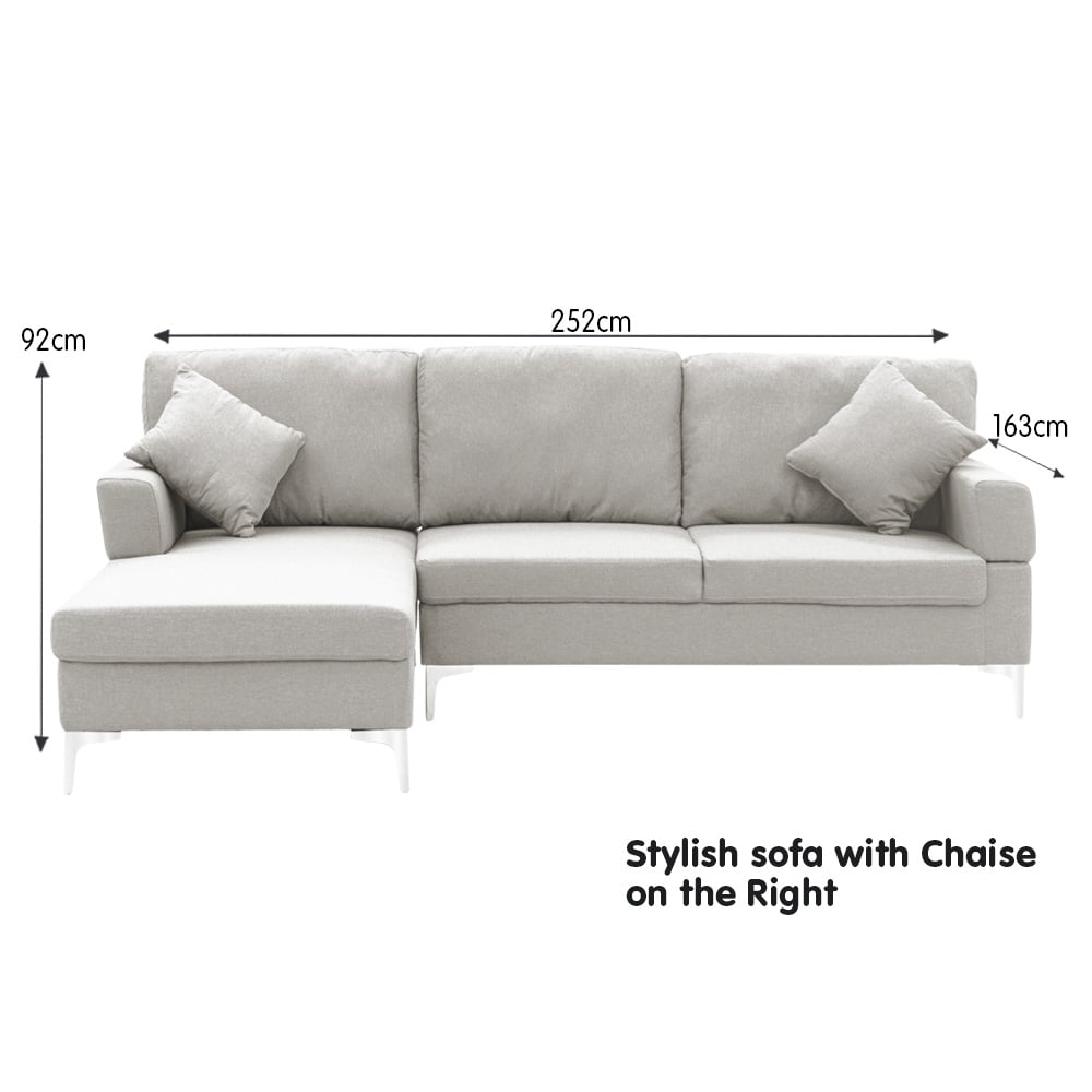 Sarantino Linen Corner Sofa Couch | L-shape | Right Chaise | Light Grey