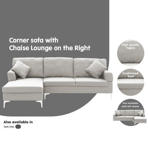 Sarantino Linen Corner Sofa Couch | L-shape | Right Chaise | Light Grey