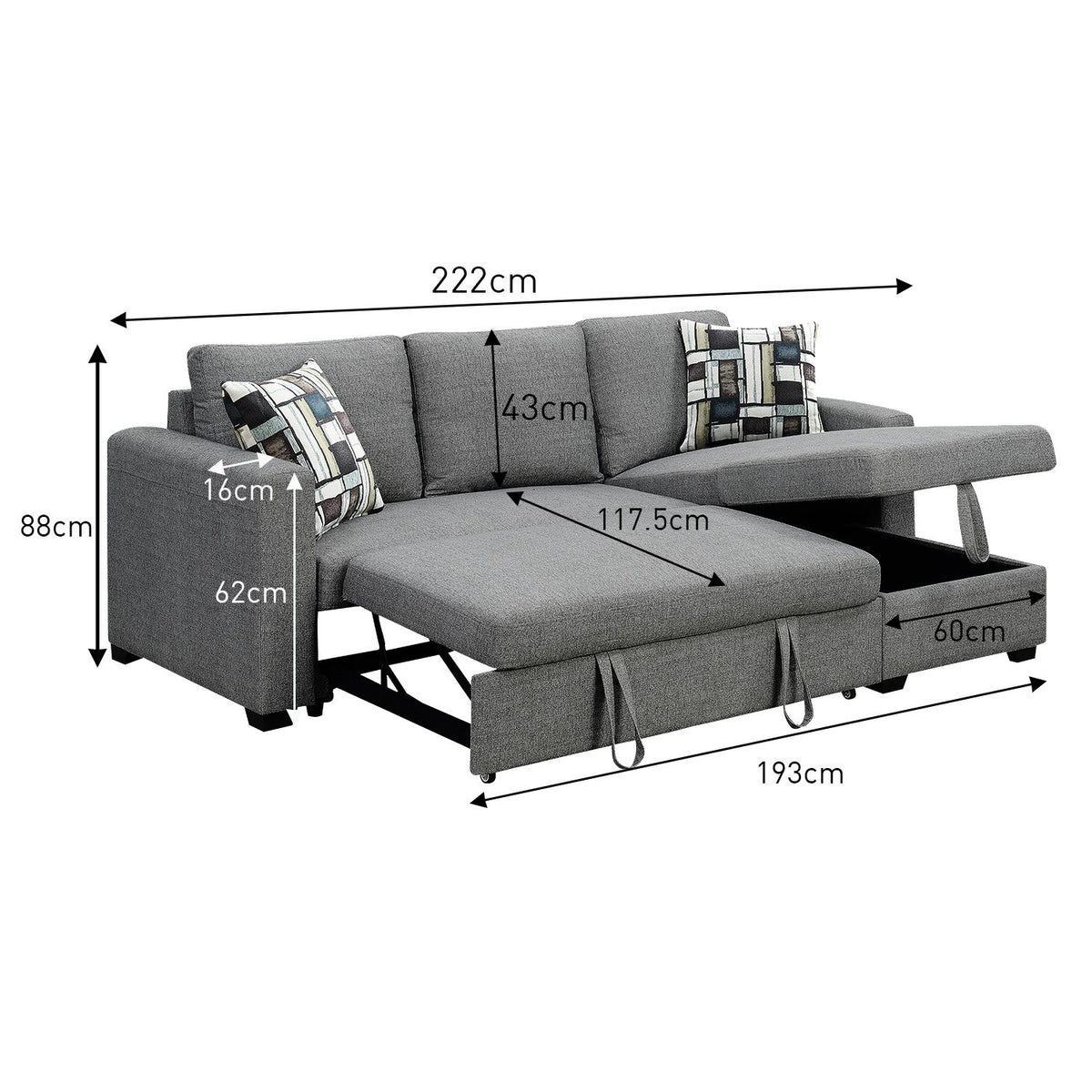 Sarantino Fontana Pullout Sofa Bed with Storage Chaise - Grey