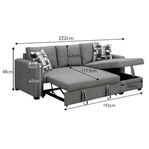 Sarantino Fontana Pullout Sofa Bed with Storage Chaise - Grey