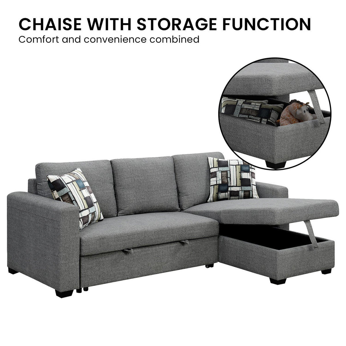 Sarantino Fontana Pullout Sofa Bed with Storage Chaise - Grey