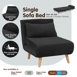 Sarantino Black Adjustable Chair Single Sofa Bed | Faux Velvet