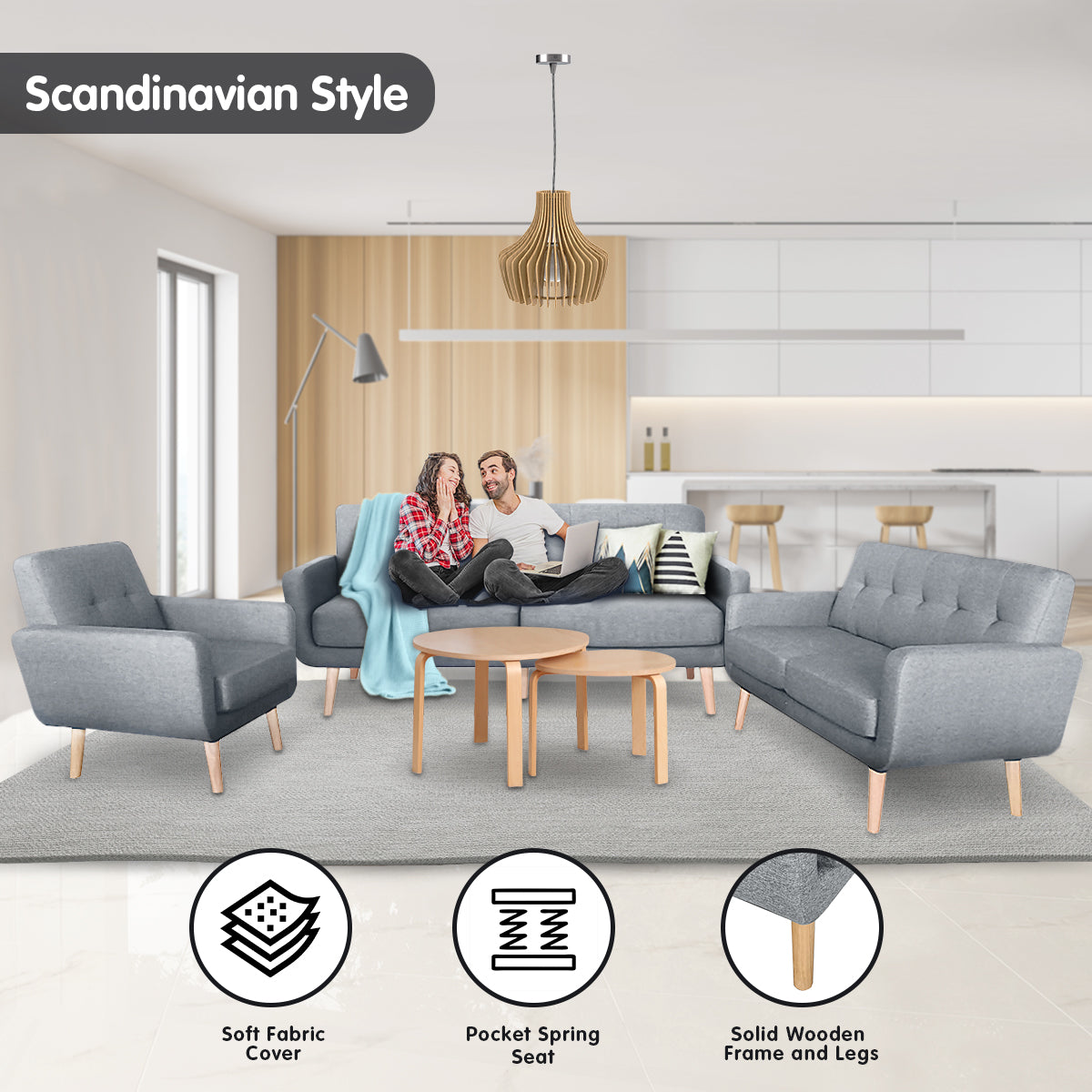 Sarantino 6-Seater Linen Sofa Set - Light Grey