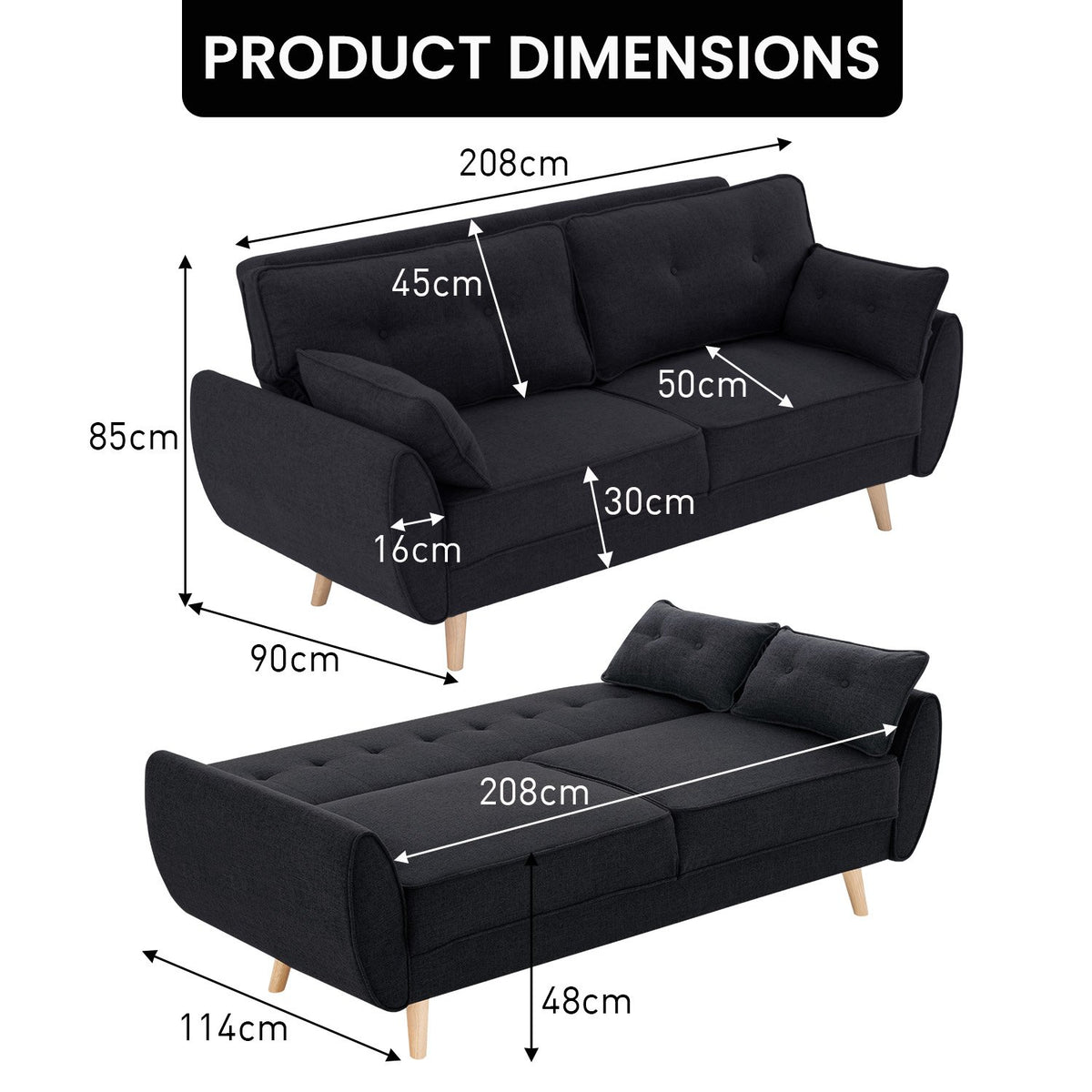 Sarantino 3 Seater Modular Fabric Sofa Bed - Black