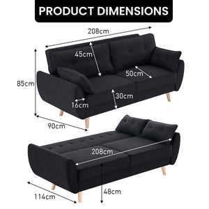 Sarantino 3 Seater Modular Fabric Sofa Bed - Black