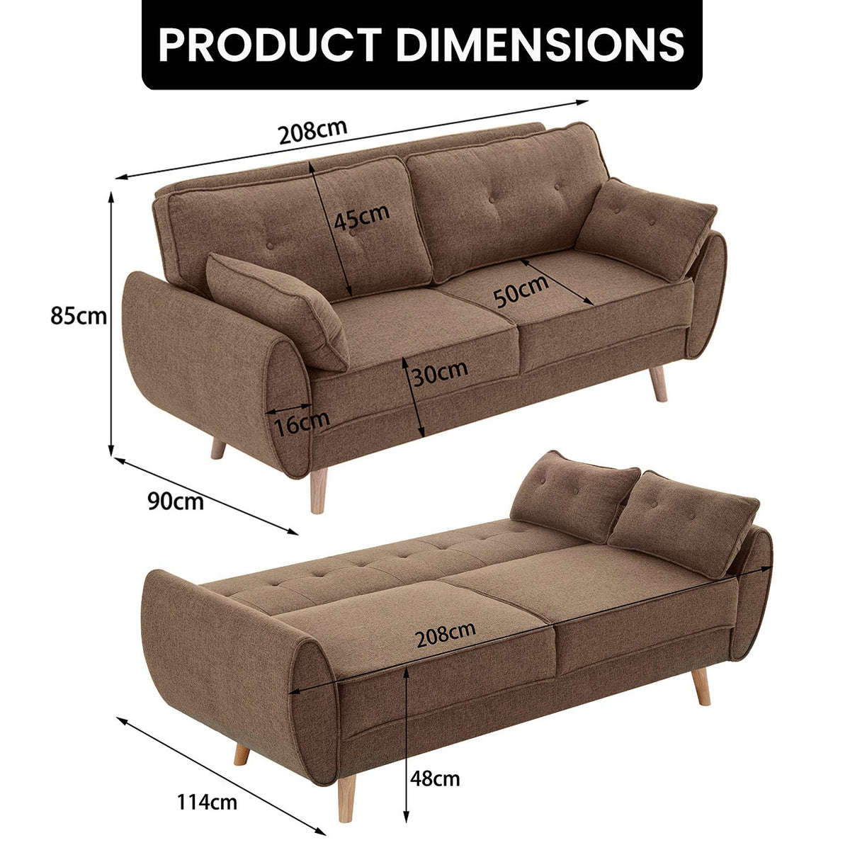Sarantino 3 Seater Modular Fabric Sofa Bed - Brown