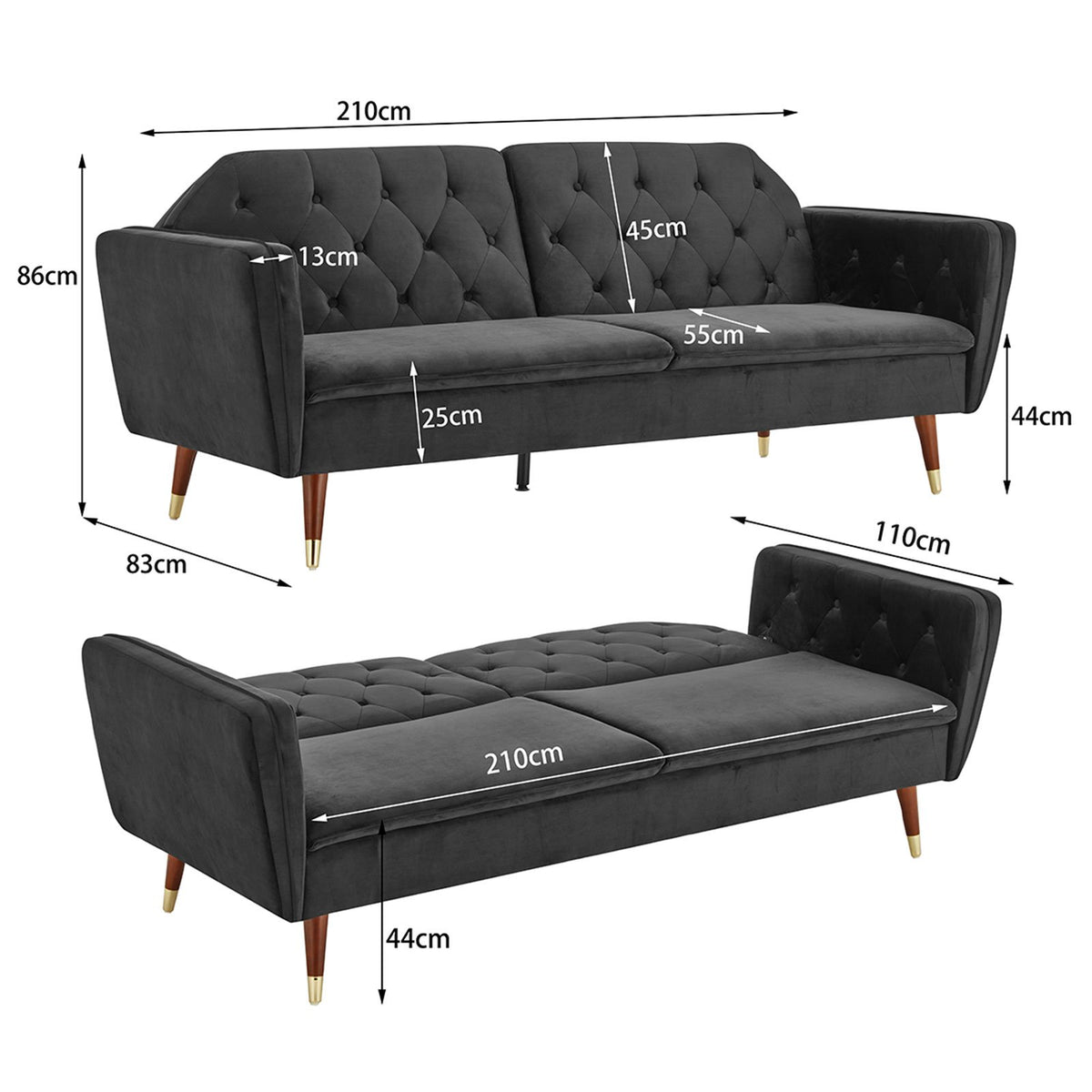 Sarantino Faux Velvet Tufted Sofa Bed - Black