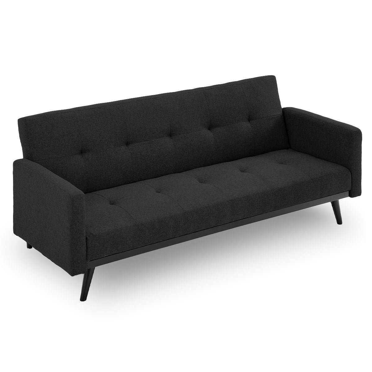 Black Tufted 3-Seater Faux Linen Sofa Bed with Armrests by Sarantino