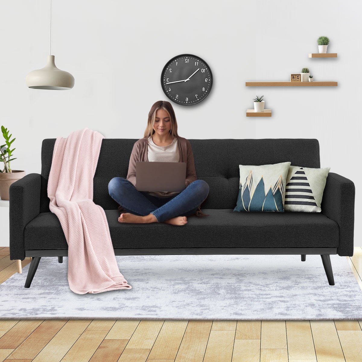 Black Tufted 3-Seater Faux Linen Sofa Bed with Armrests by Sarantino