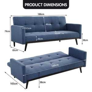 Blue Tufted 3-Seater Faux Linen Sofa Bed with Armrests by Sarantino