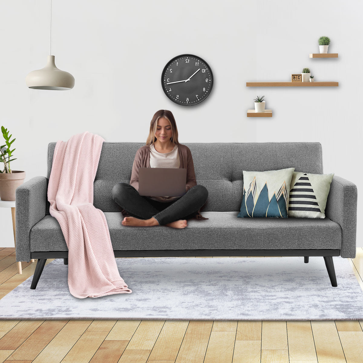 Sarantino Tufted Faux Linen 3-Seater Sofa Bed - Light Grey | Armrests Included