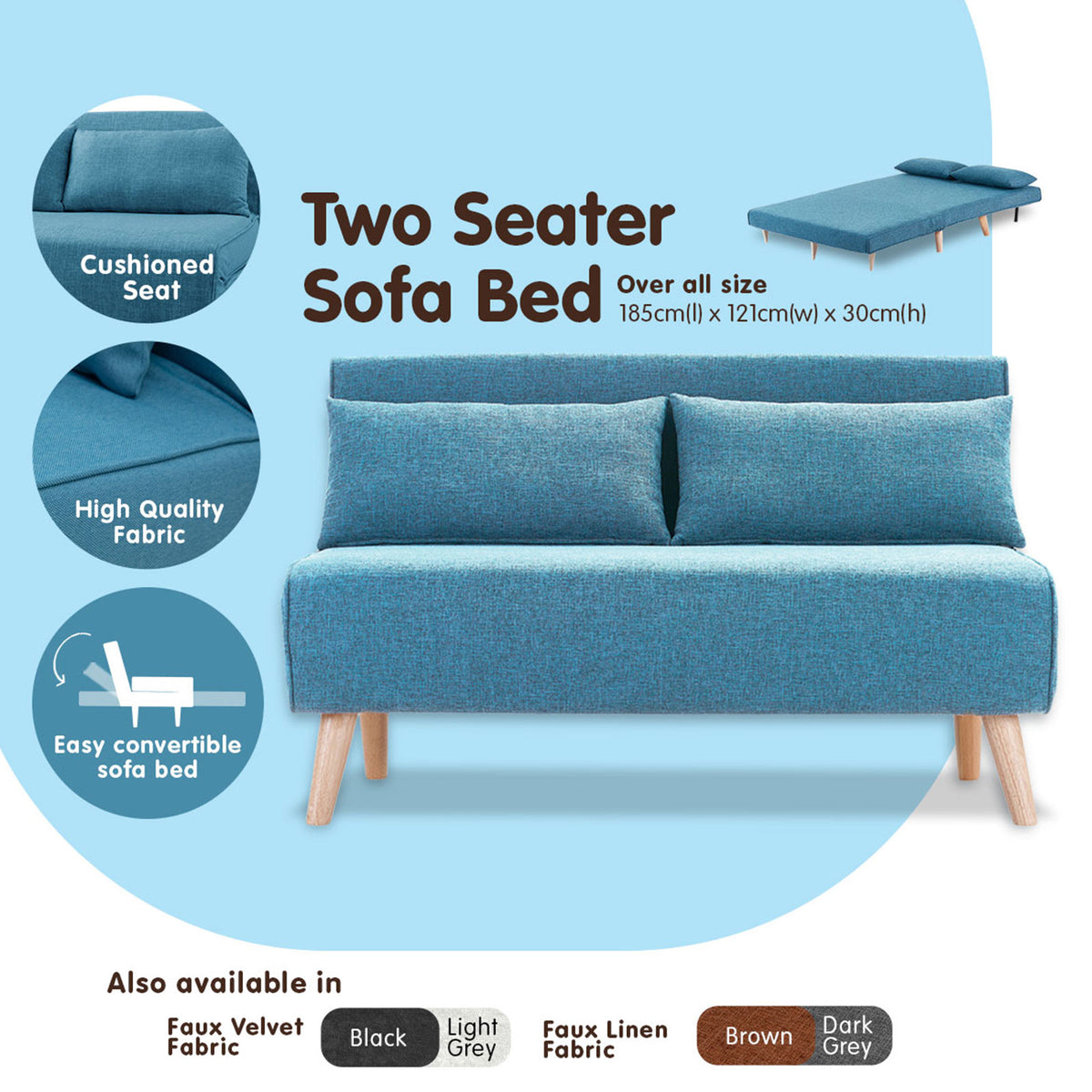 Sarantino Adjustable 2-Seater Linen Sofa Bed - Blue | Space-Saving Design
