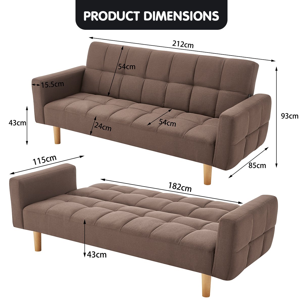 Sarantino 3-Seater Fabric Sofa Bed Futon - Brown | Cozy Lounging