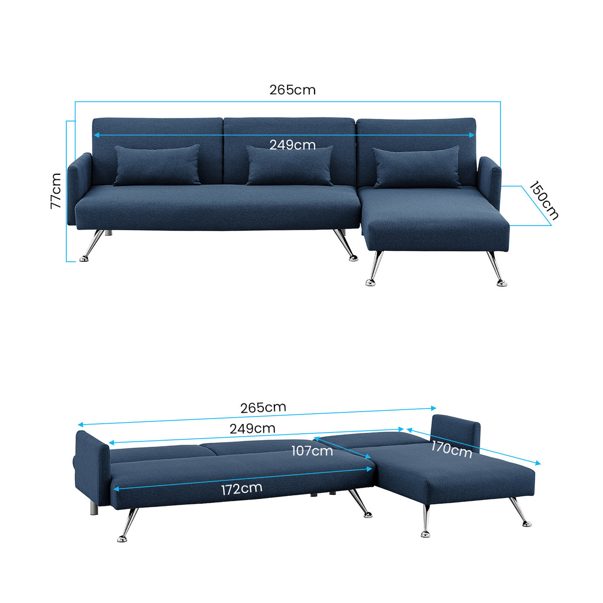Sarantino Mia 3-Seater Sofa Bed | Chaise & 3 Pillows | Blue