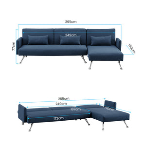 Sarantino Mia 3-Seater Sofa Bed | Chaise & 3 Pillows | Blue